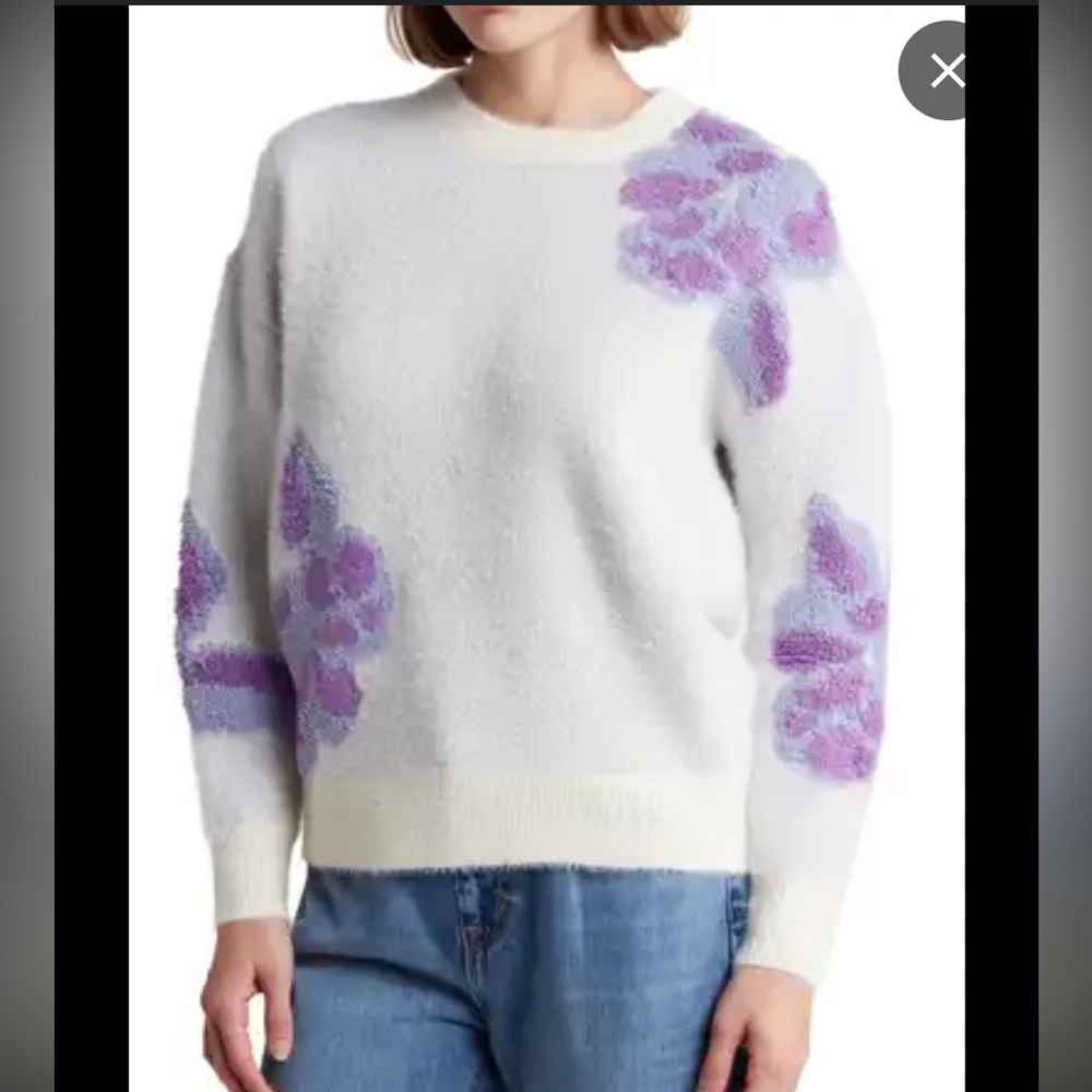 FRNCH Ulyssia White and Purple Floral Applique Sweater Extra Small Spring Floral